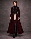 Wine red gothic velvet Victorian tailcoat jacket for women with double-breasted buttons and dramatic lapels
