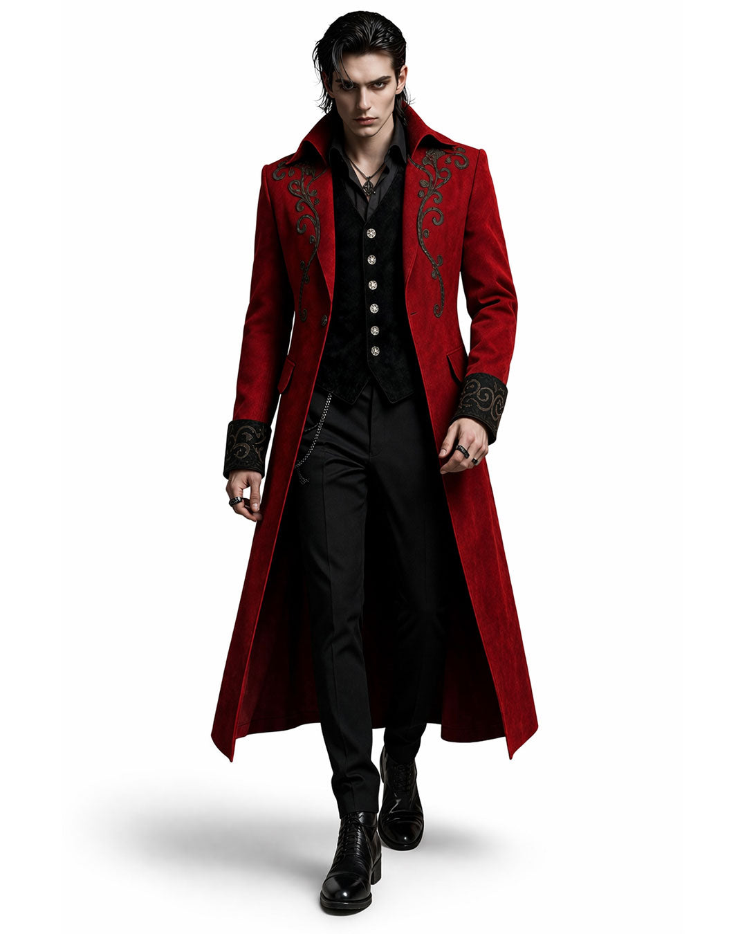 Men’s maroon velvet gothic tailcoat with Victorian style for gothic fashion lovers