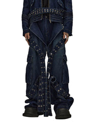 Grommet-Strap Cargo Jeans – Streetwear Utility Men’s Pants