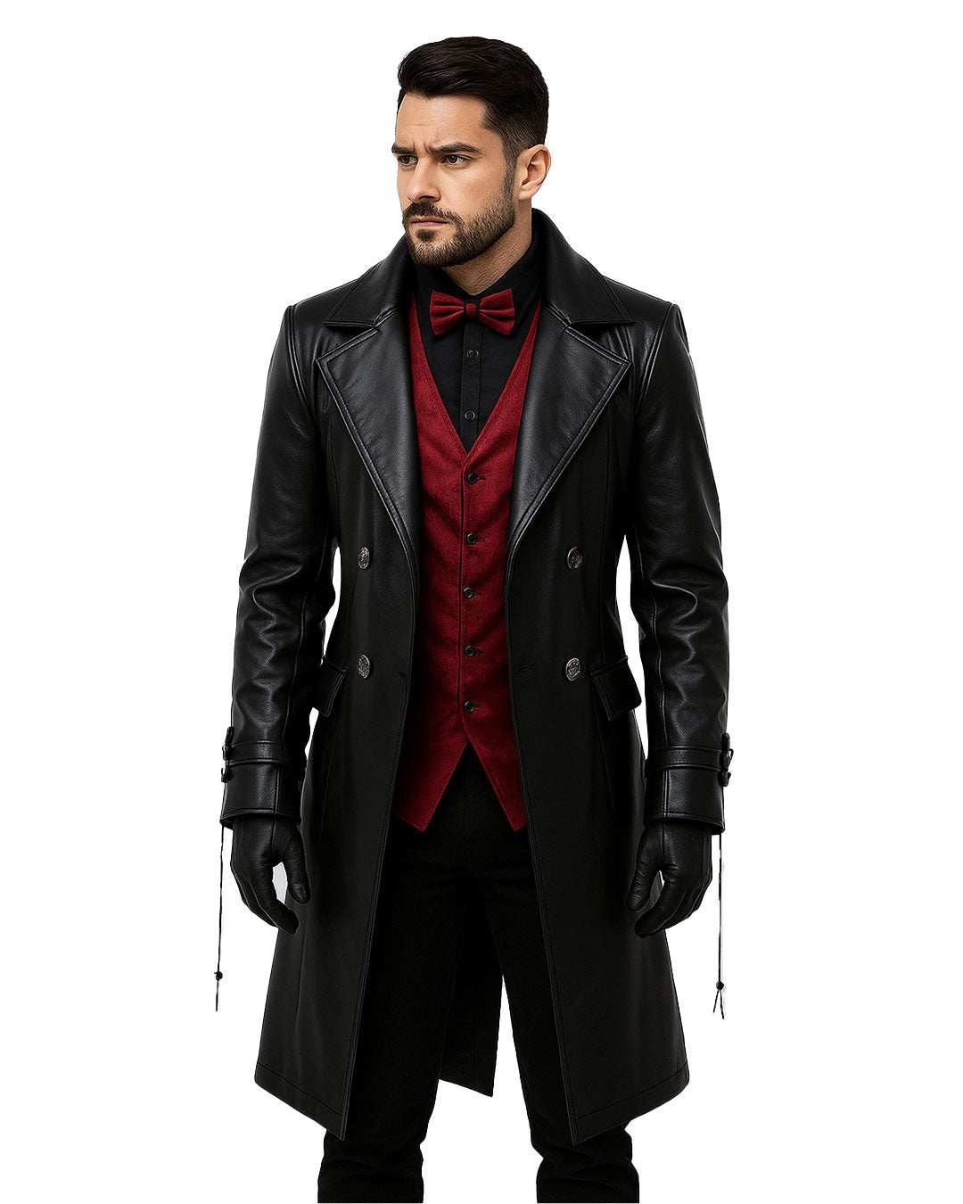 Men’s black gothic leather trench coat with red vest and bow tie style, double-breasted tailored fit with sharp lapels.