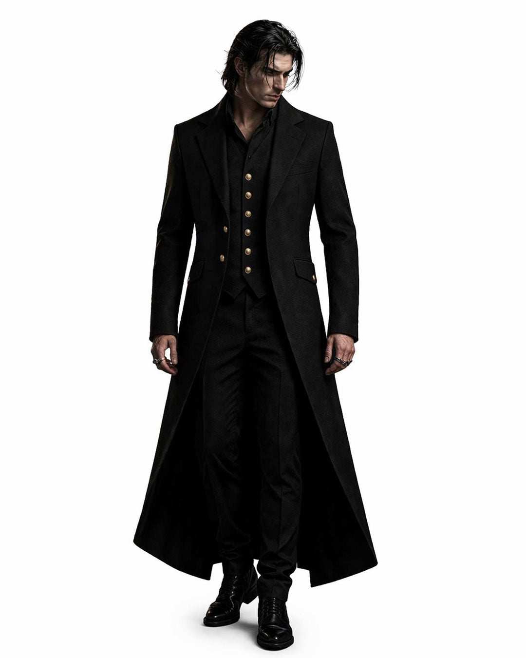 Gothic Victorian men's tailcoat with high collar and dramatic long back tail