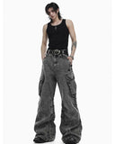 Baggy cargo jeans for men in washed grey denim with wide-leg fit, oversized side cargo pockets, and streetwear styling shown in front and back view.