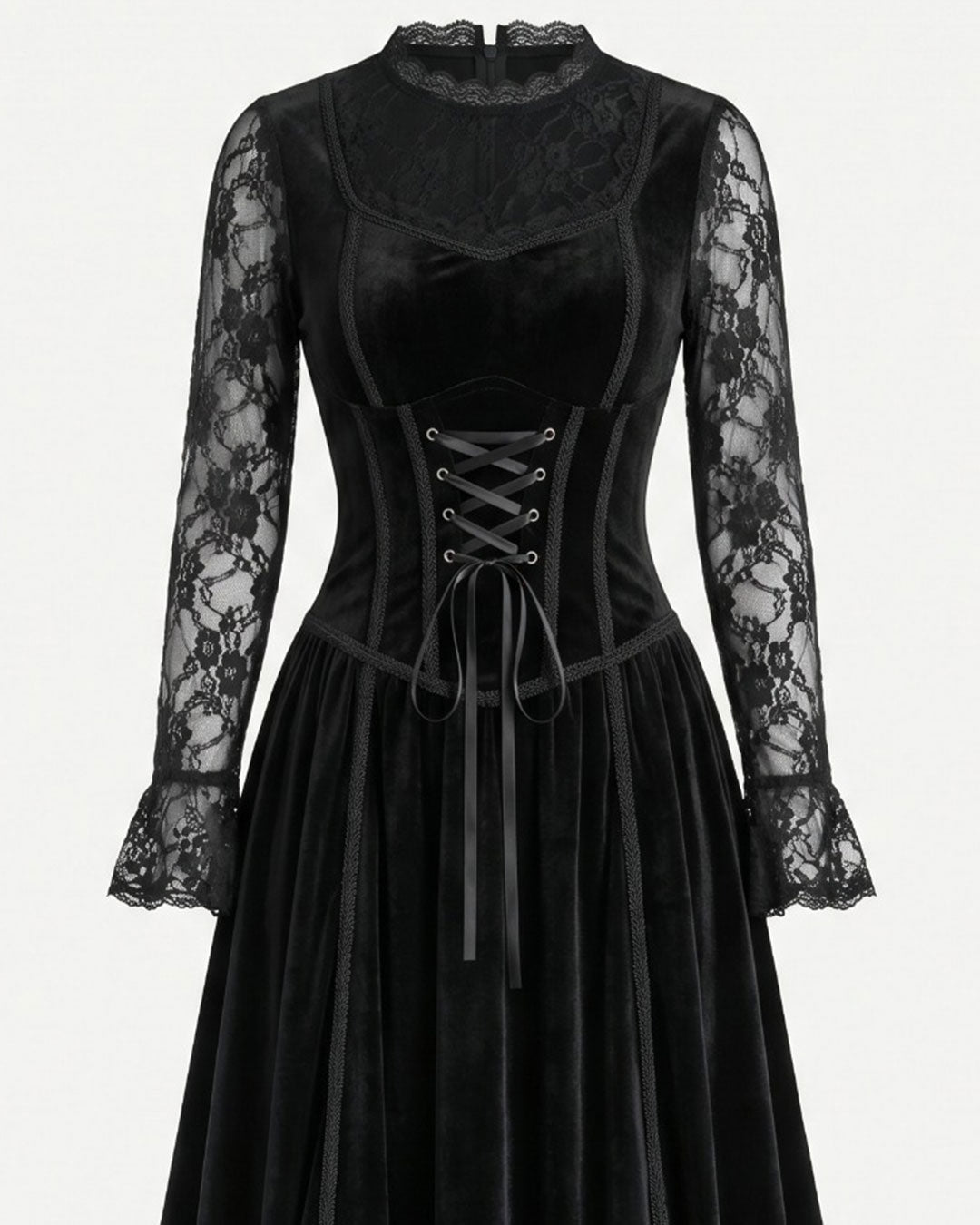 Midnight Widow Gothic Vampire Costume Dress front view in black velvet with lace sleeves