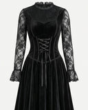 Midnight Widow Gothic Vampire Costume Dress front view in black velvet with lace sleeves