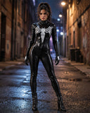A woman stands in a wet urban alley wearing a glossy black bodysuit with a bold white spider-style chest graphic, black gloves, and black high-heeled boots.