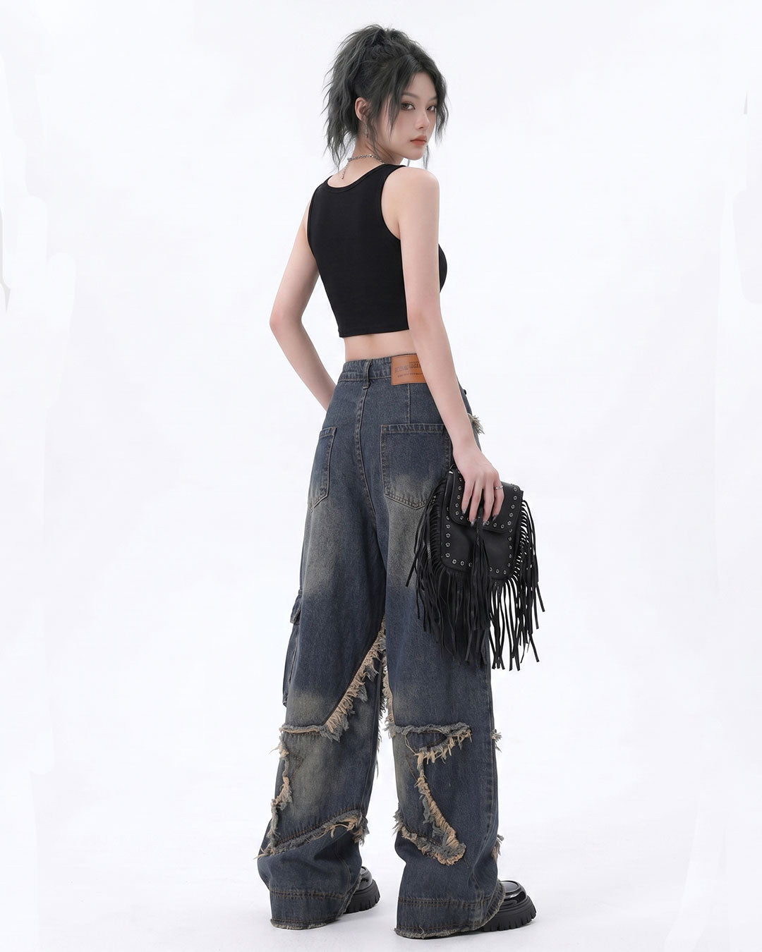Women's Patchwork Fringe Pocket Wide Leg Loose Casual Cargo Boyfriend Jeans