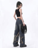 Women's Patchwork Fringe Pocket Wide Leg Loose Casual Cargo Boyfriend Jeans