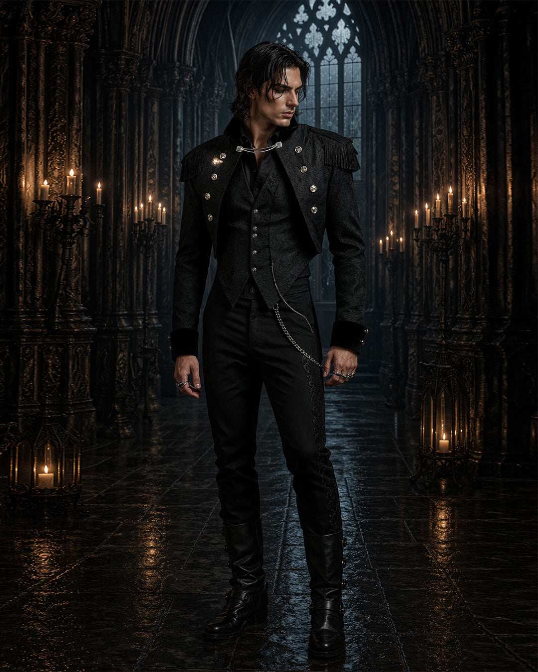 Elegant Black Swallow Tail Jacket with high-low hemline and ornate embroidery in gothic Victorian style