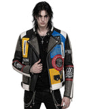 Men's multicolor patchwork leather jacket with bold graphic patches and studded detailing on black leather base