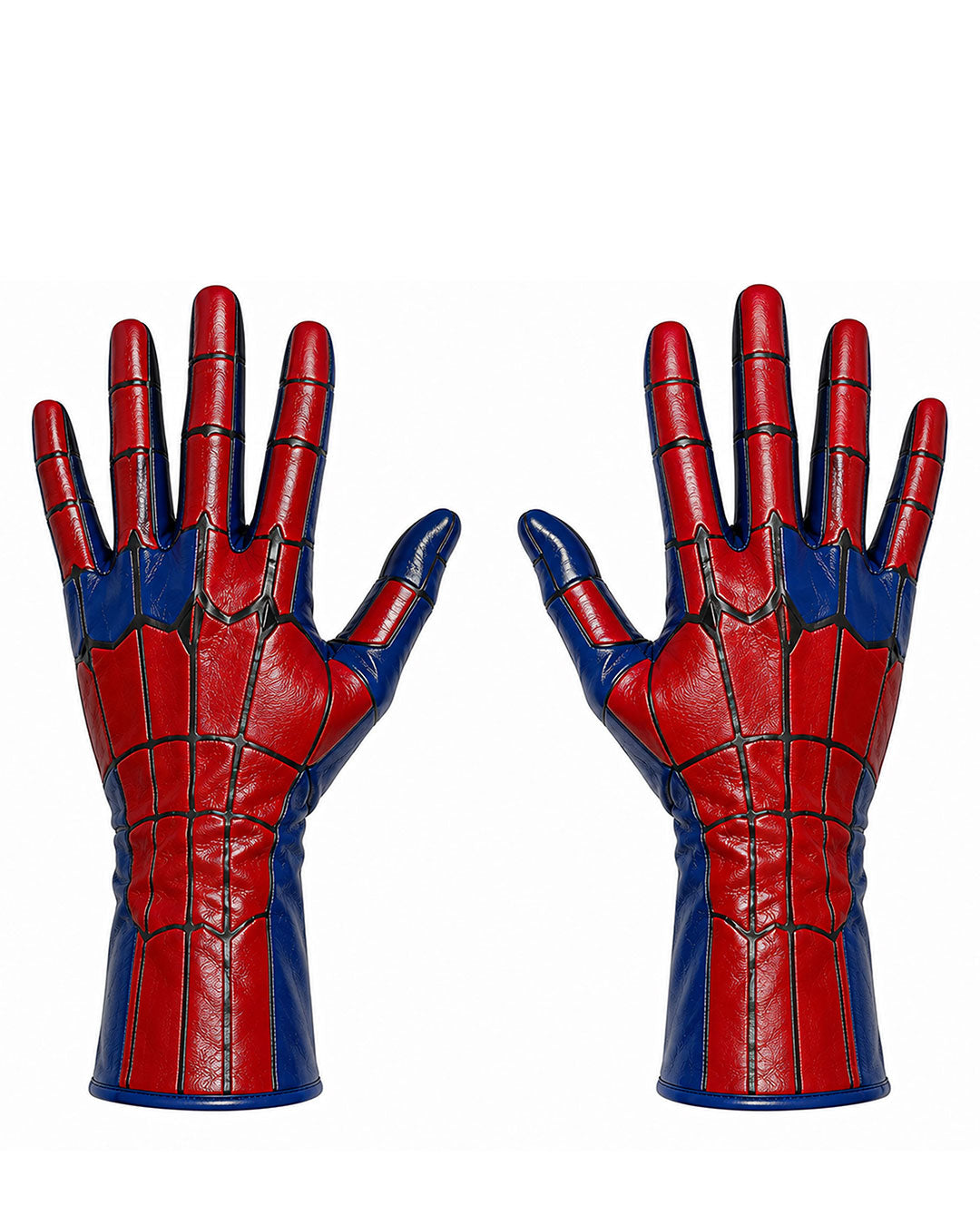 Red and blue faux leather superhero-style cosplay gloves featuring bold web-line stitching, segmented finger panels, and a flared gauntlet cuff, designed to complete a full-body alternative superhero costume look.