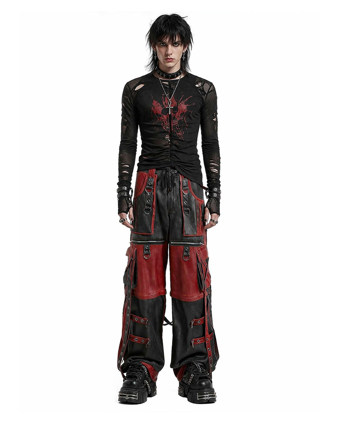 Bloodforge men's gothic leather pants in red and black with wide-leg fit, front view