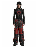 Bloodforge men's gothic leather pants in red and black with wide-leg fit, front view