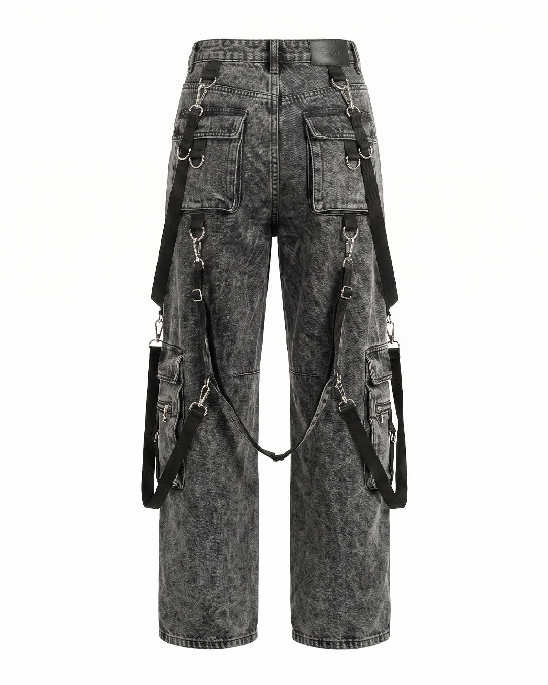Back view of Baggy Cargo Jeans Women showing washed black womens cargo jeans with a relaxed wide leg silhouette.