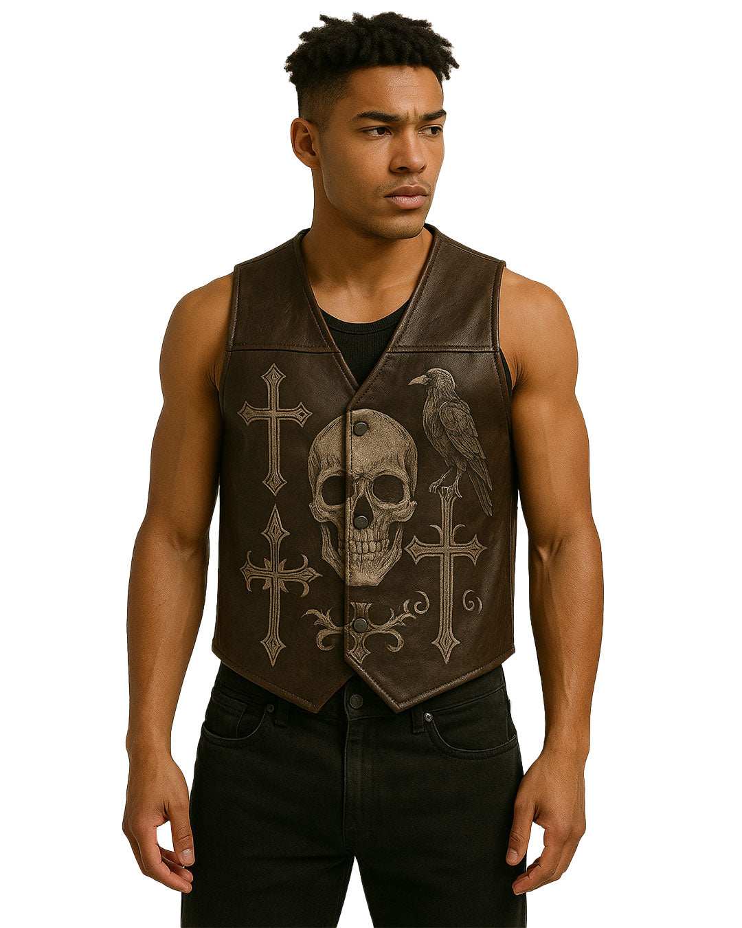 Raven Skull Leather Vest in dark brown with gothic skull, raven, and crosses design on male model