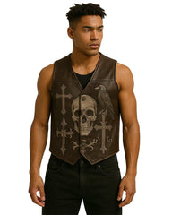 Raven Skull Leather Vest in dark brown with gothic skull, raven, and crosses design on male model