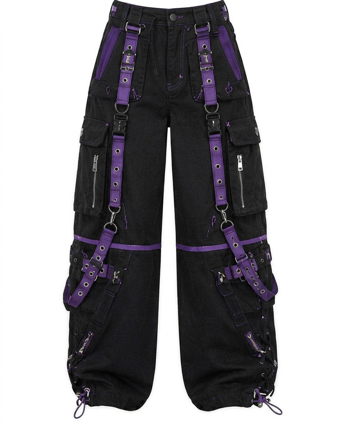 Women's punk cargo pants with buckle straps, flat front view