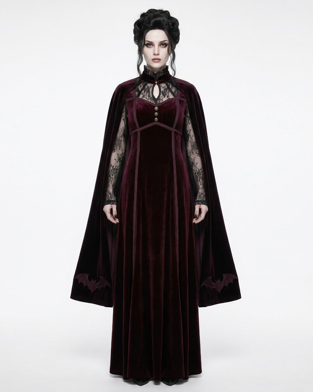 Victorian gothic vampire costume dress with attached cape and dark fantasy styling