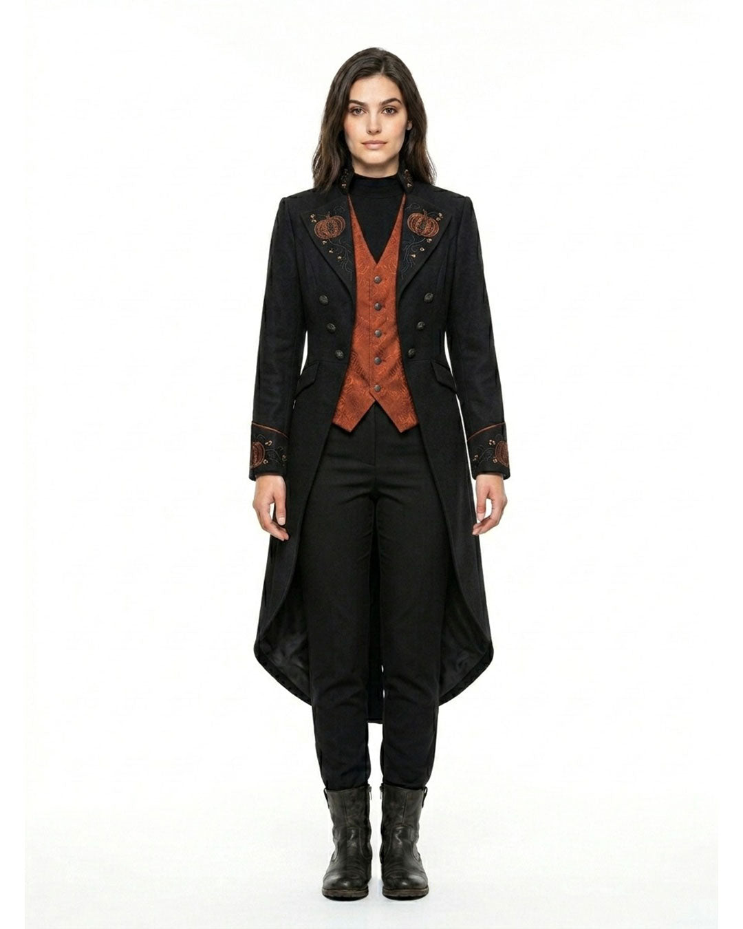 Women’s steampunk tailcoat in black with orange vest panel and pumpkin embroidery on front