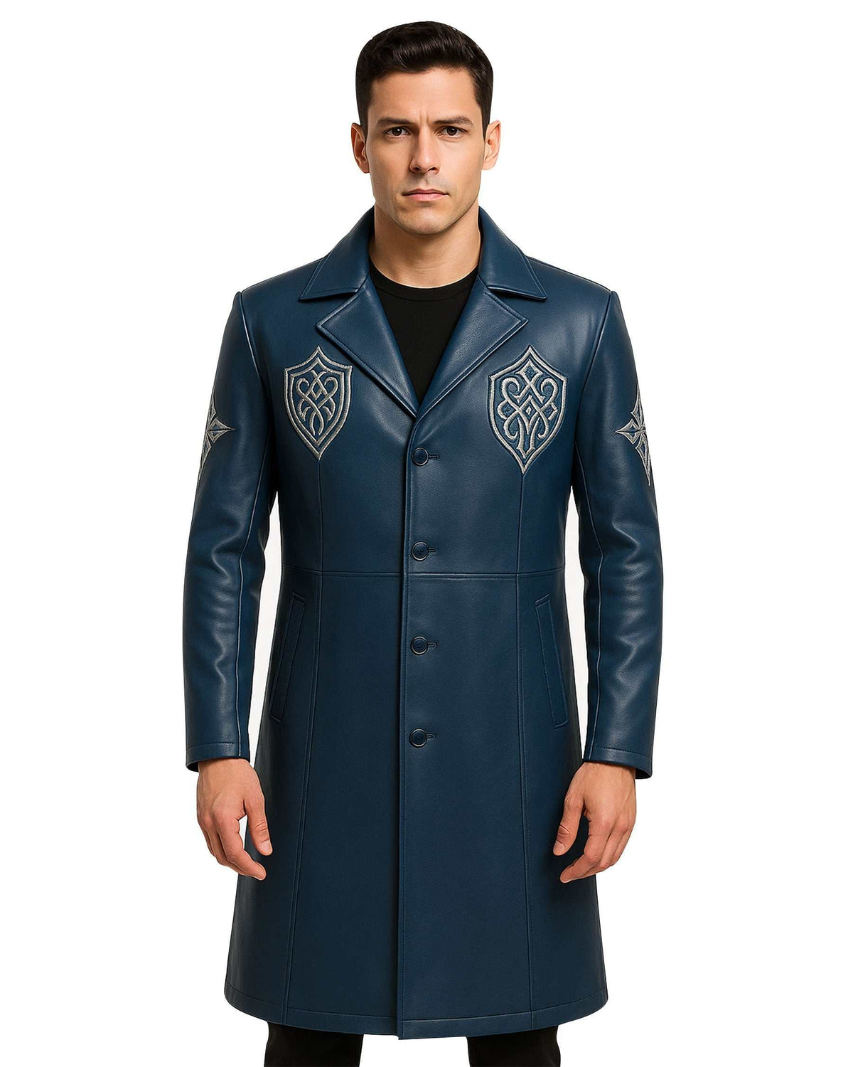 Men’s blue gothic leather coat with silver embroidery and tailored long silhouette worn by man