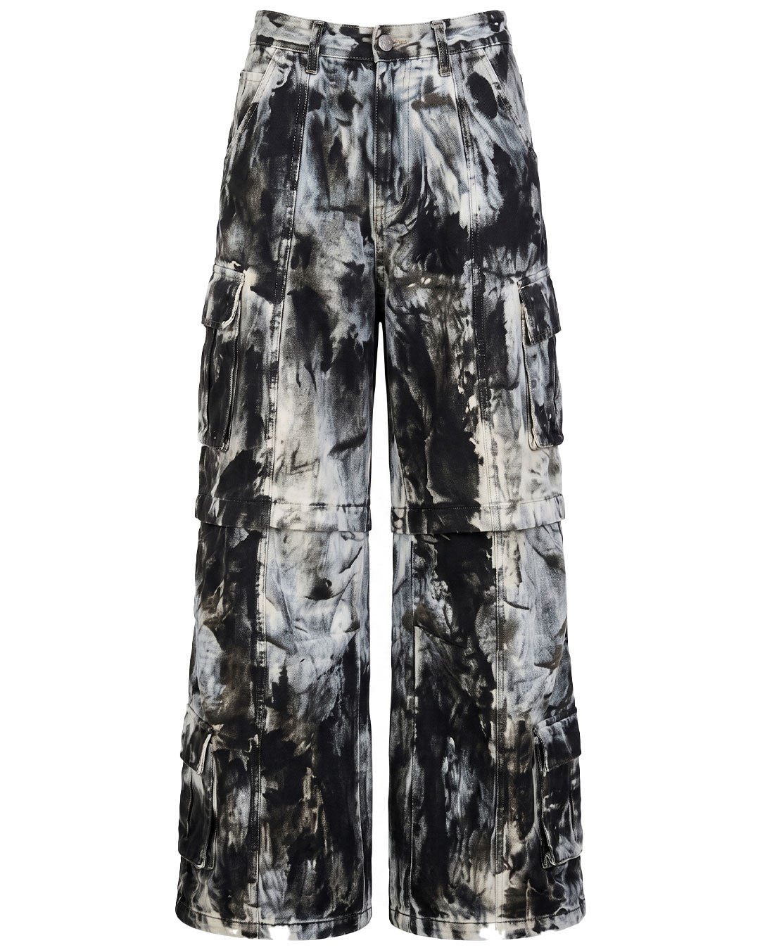 Front flat-lay view of women’s black and white tie dye wide leg cargo pants with utility pockets.