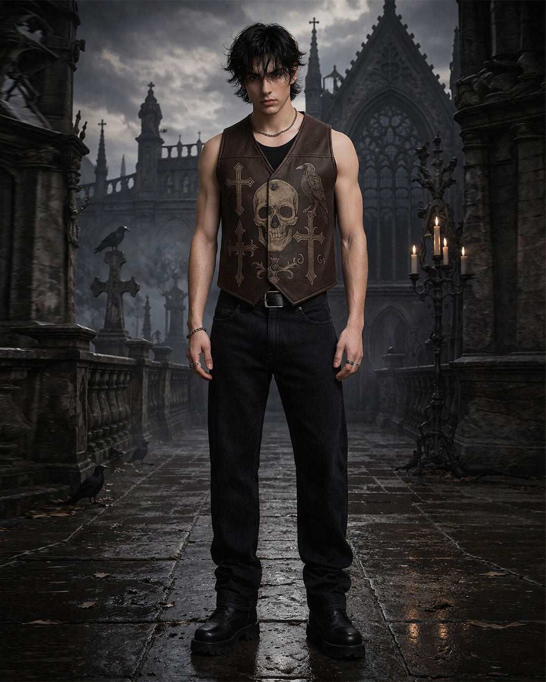 Raven Skull Leather Vest in brown leather with gothic skull, raven, and cross design for dark streetwear style