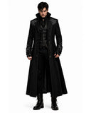 Men’s Halloween costume with black gothic trench coat, raven embroidery, high collar and vampire styling
