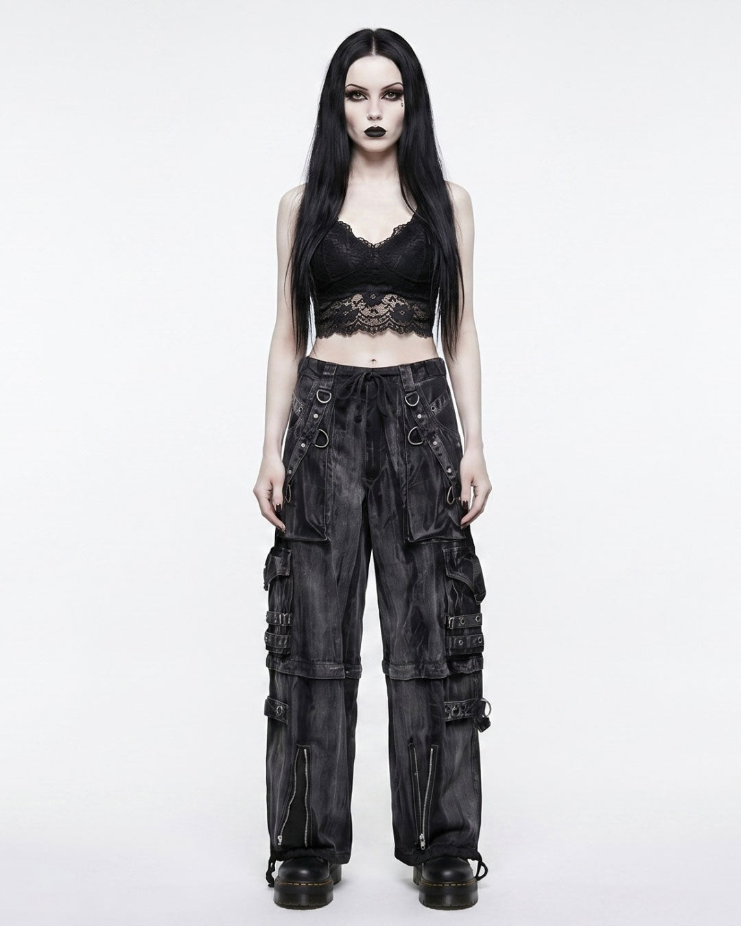 Black Acid Wash Gothic Cargo Pants – Distressed Wide-Leg Rave Trousers