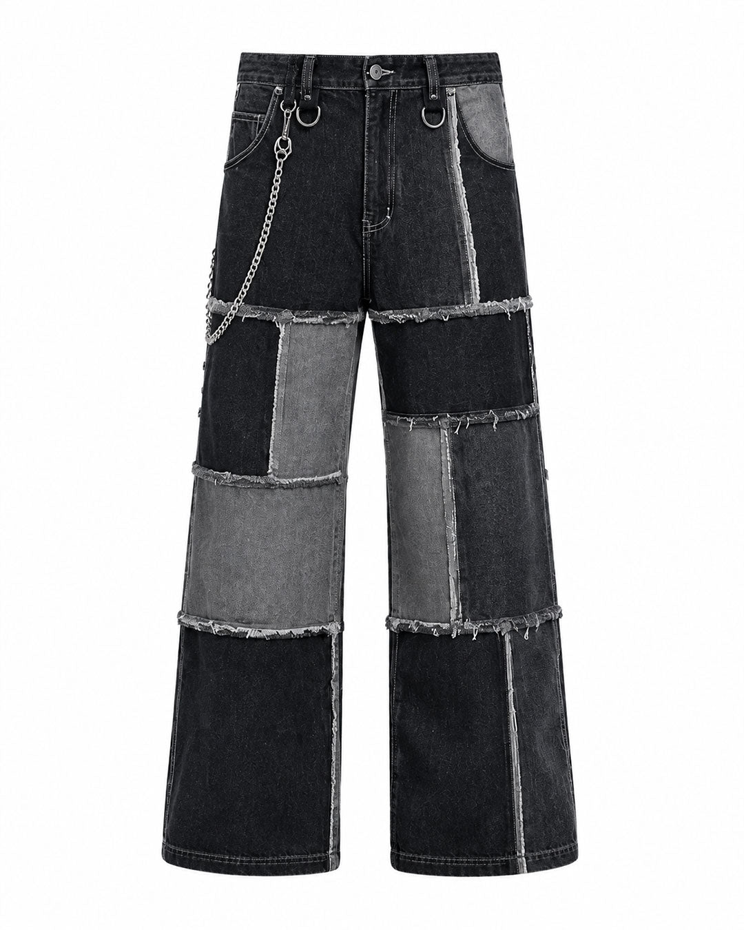 Men’s double denim outfit set with black and grey patchwork jacket and baggy wide-leg jeans front view