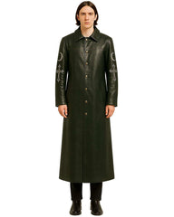 Men's green long flowing gothic coat with moon and cross embroidery in faux leather