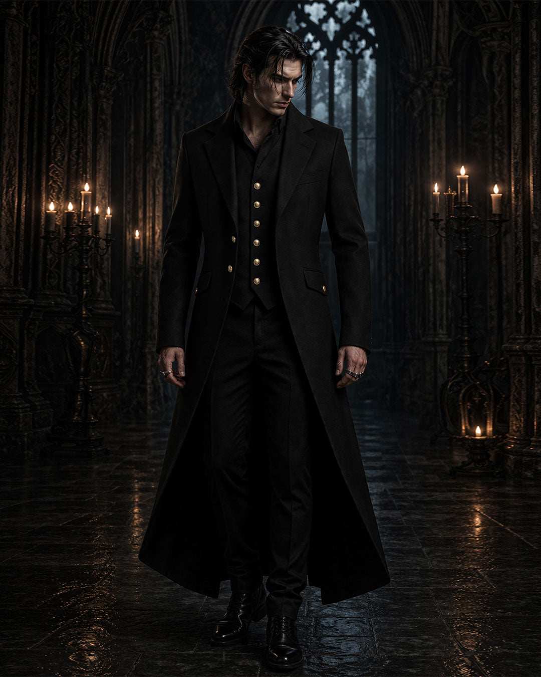 Gothic Victorian men's tailcoat with high collar and sharp, structured silhouette for formal gothic fashion