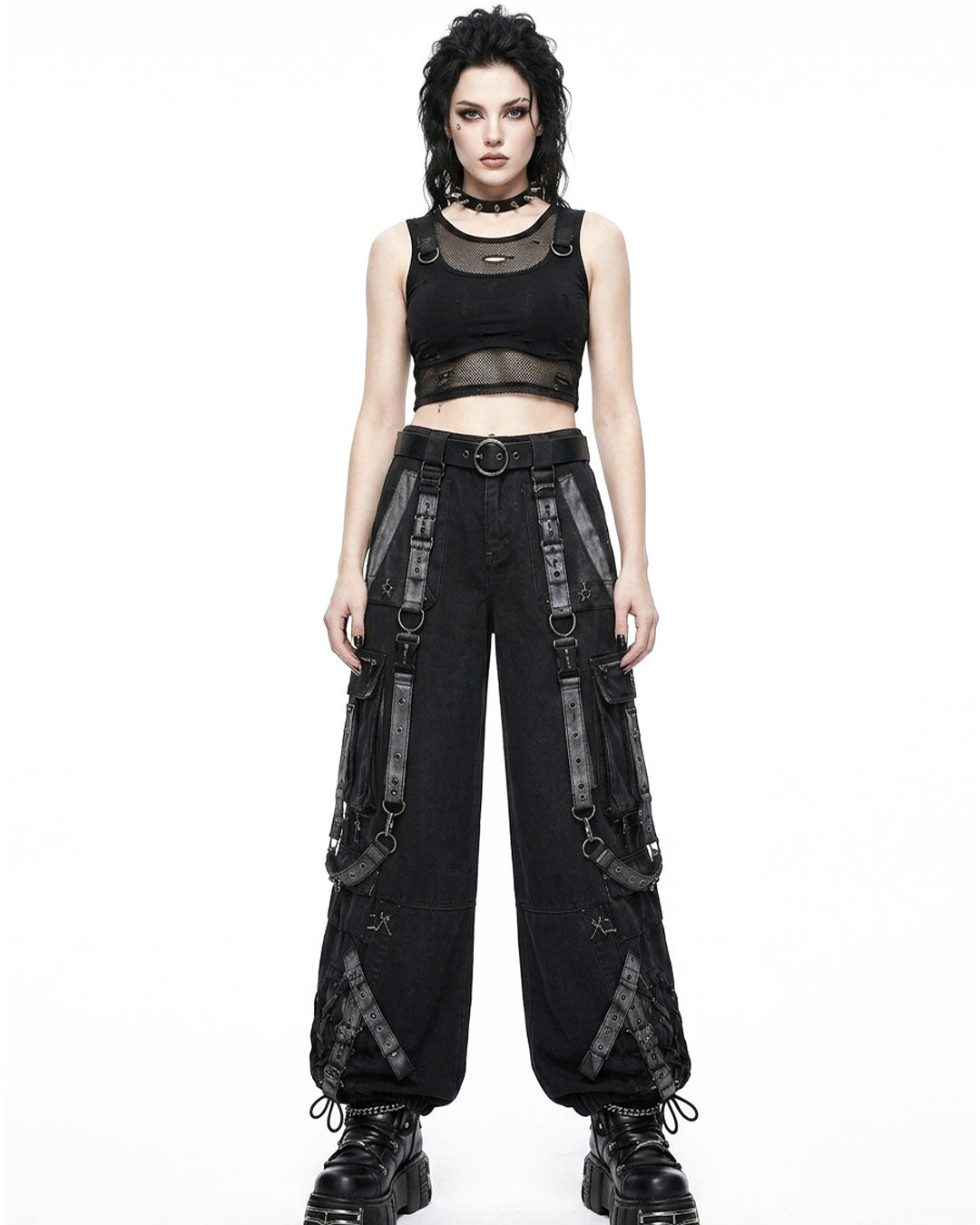 Woman wearing tactical denim cargo pants with buckle straps, front view