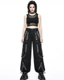 Woman wearing tactical denim cargo pants with buckle straps, front view