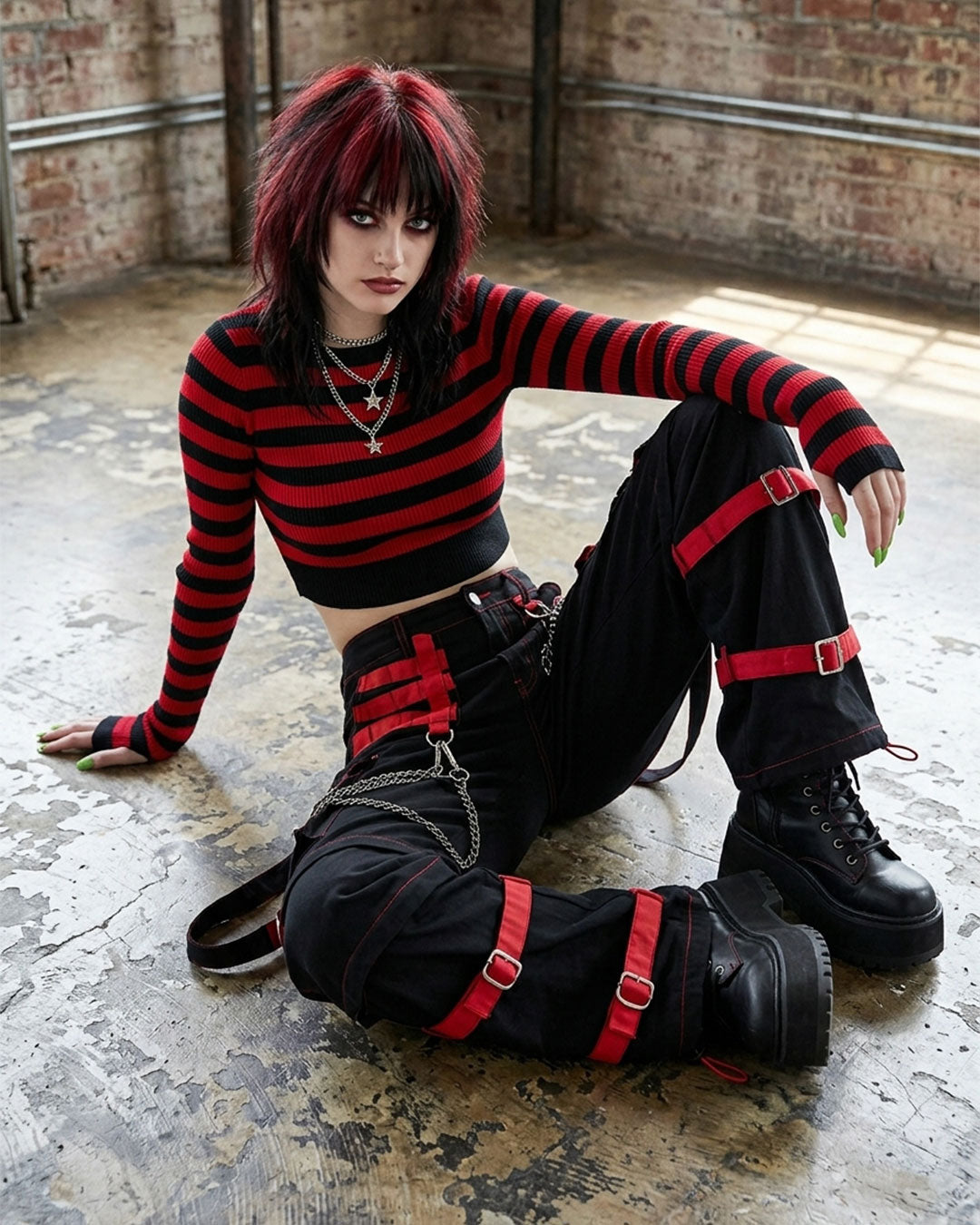 Women's Gothic Cargo Pants – Black Red Punk Wide Leg Pants