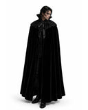 Black stand collar gothic cloak in luxurious velvet with intricate embroidery and high collar