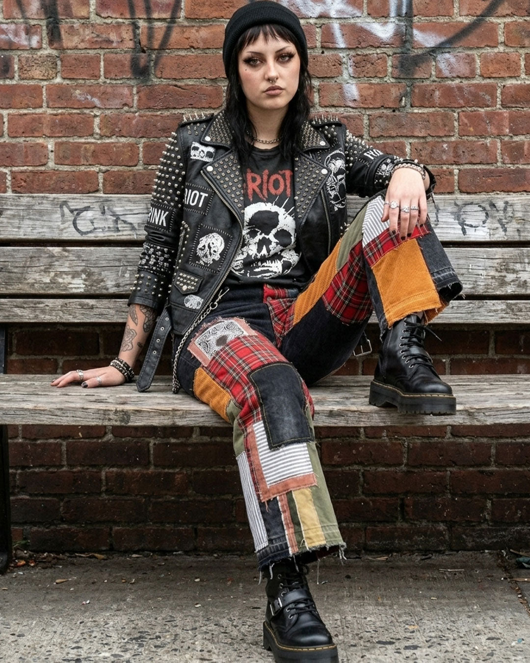 Person wearing a studded leather jacket and patchwork pants sitting on a bench against a brick wall.