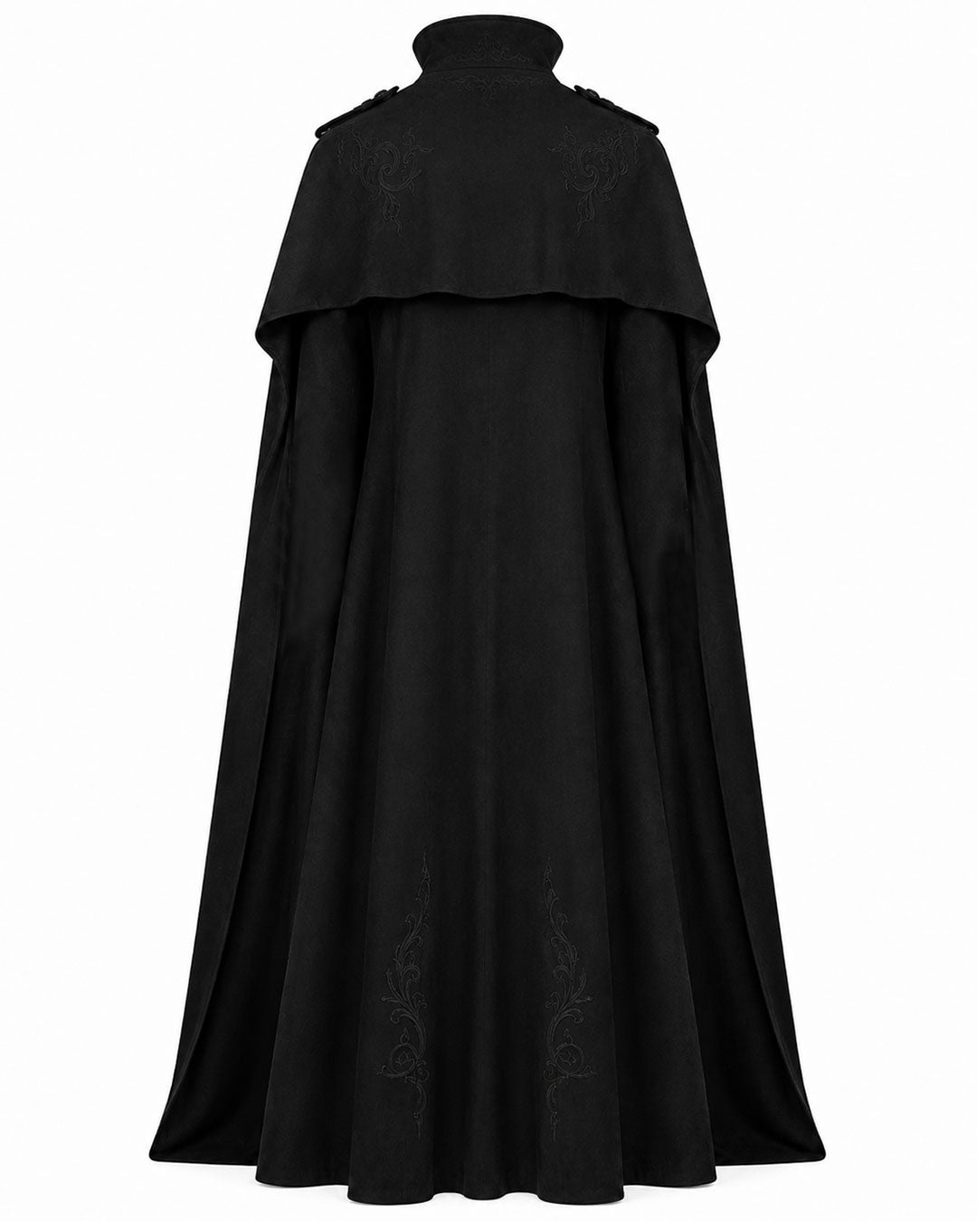 Back view of men’s black medieval Renaissance costume cloak with high collar, layered shoulder cape and flowing floor-length design.
