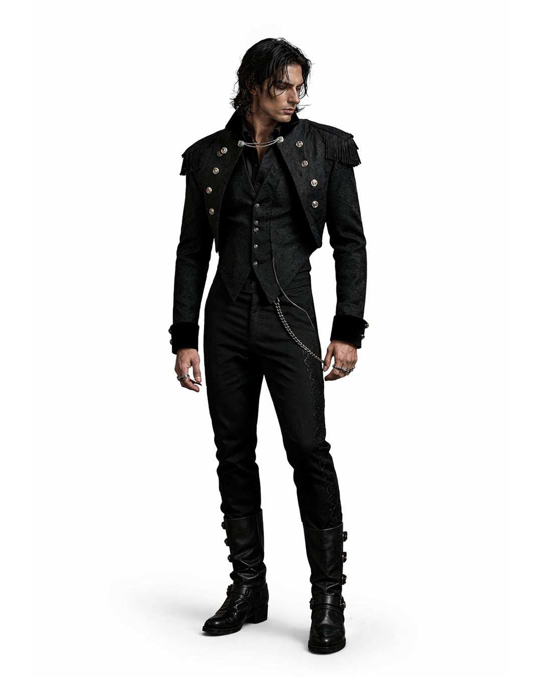 Black Swallow Tail Jacket in black velvet with high-low hem and ornate embroidery, gothic Victorian style.