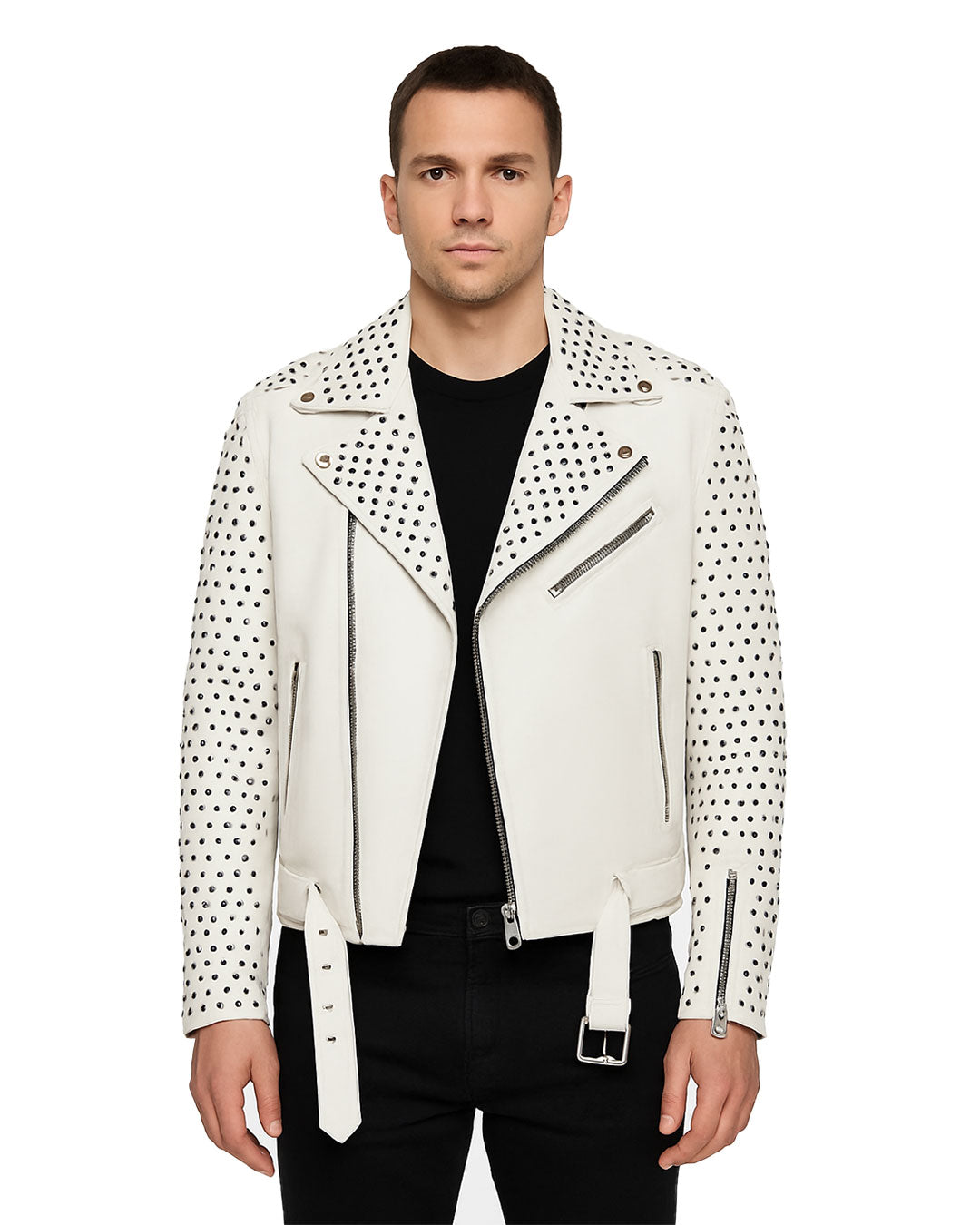 White Studded Leather Biker Jacket