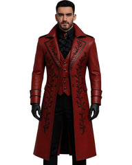 Men wearing Blood Red Gothic Leather Trench Coat with black embroidery and tailored silhouette