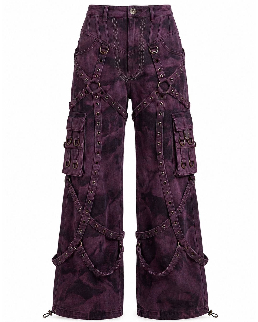  Purple cargo pants flat lay, emo cargo pants front view, harness straps and grommet detail