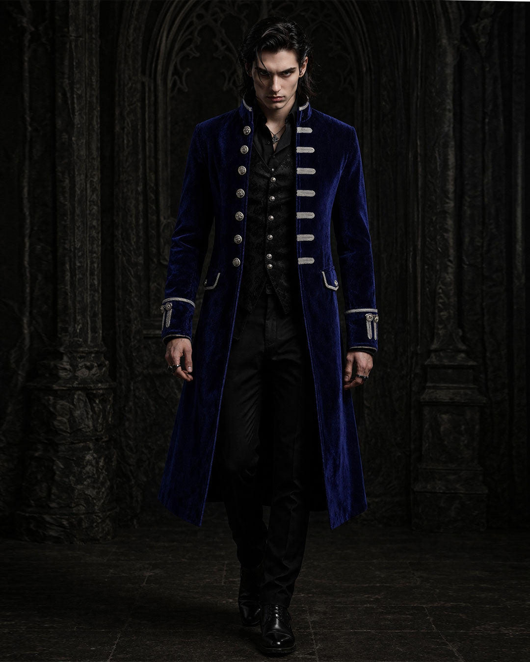 gothic long coat mens blue velvet formal fashion outfit