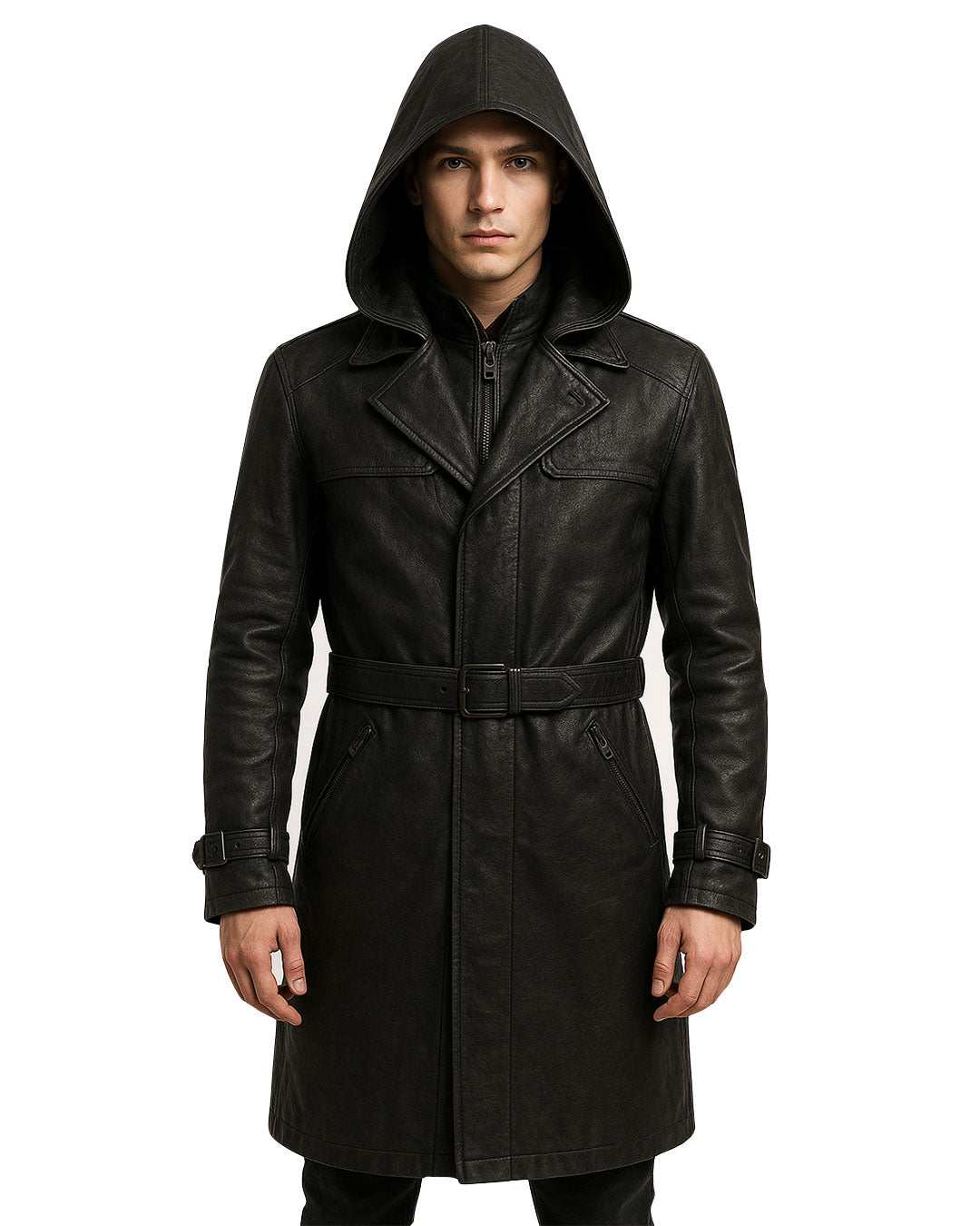 Black leather hooded trench coat with belt, perfect for streetwear gothic fashion.