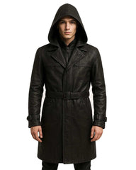 Black leather hooded trench coat with belt, perfect for streetwear gothic fashion.