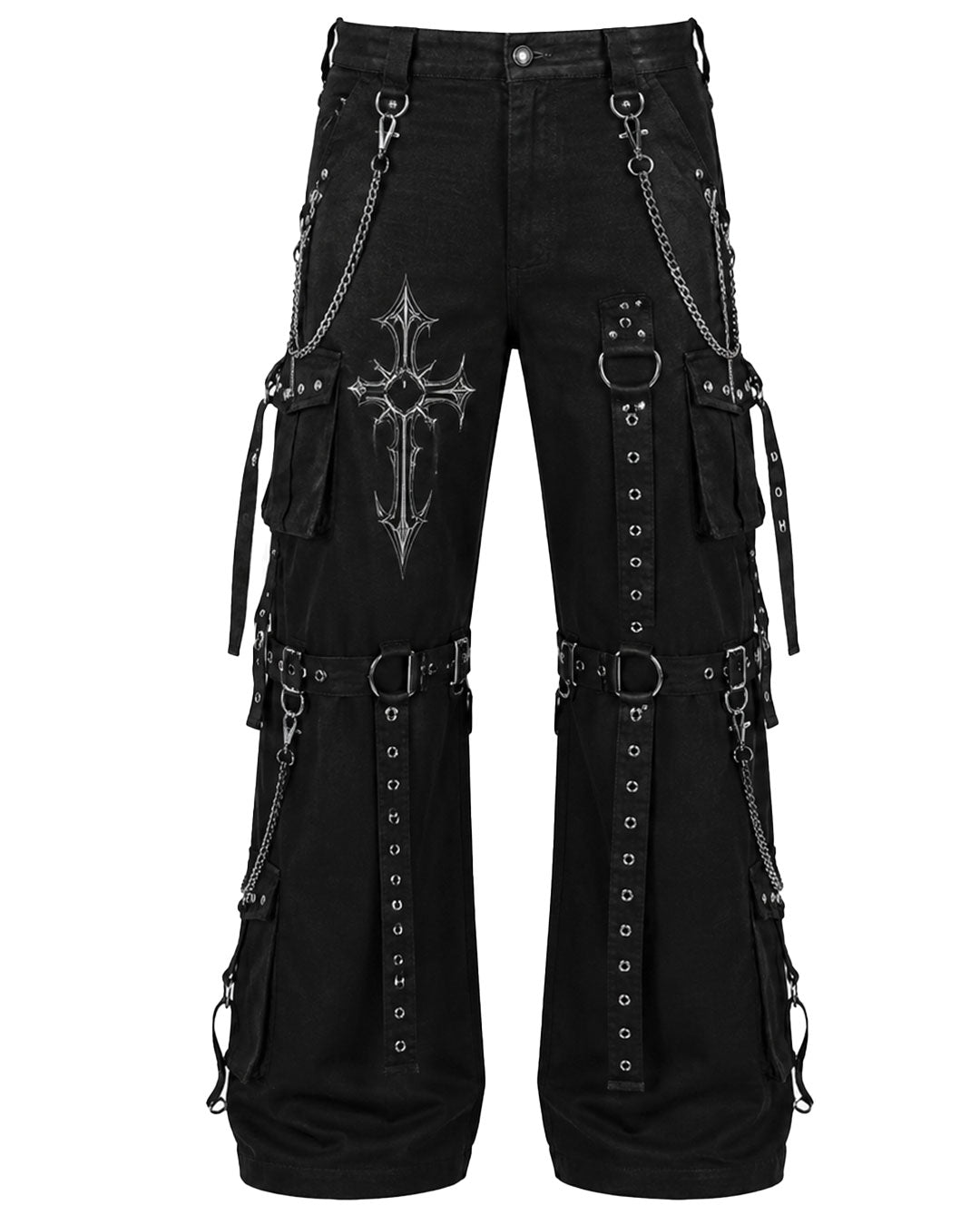 Cargo black pants mens with cross print, D-rings and pant chains
