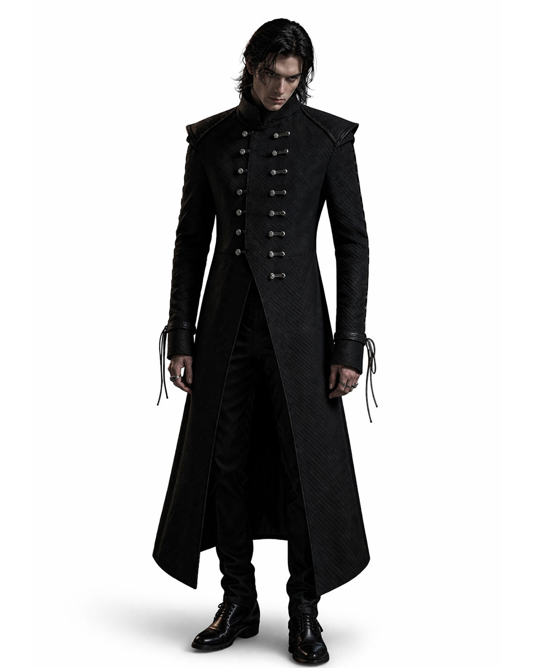 long mens black trench coat gothic full length front view