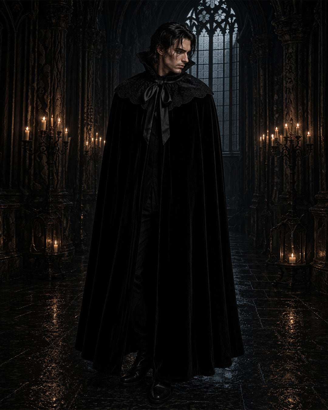 Black Stand Collar Gothic Cloak with high collar and ornate details in velvet fabric