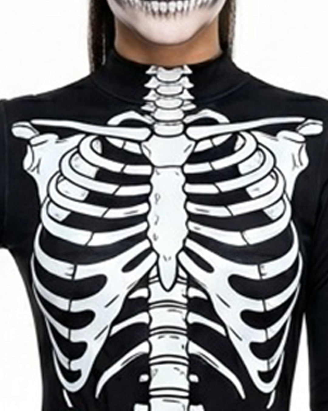 Women’s skeleton body suit Halloween costume with black fitted bodysuit and white full-body bone print