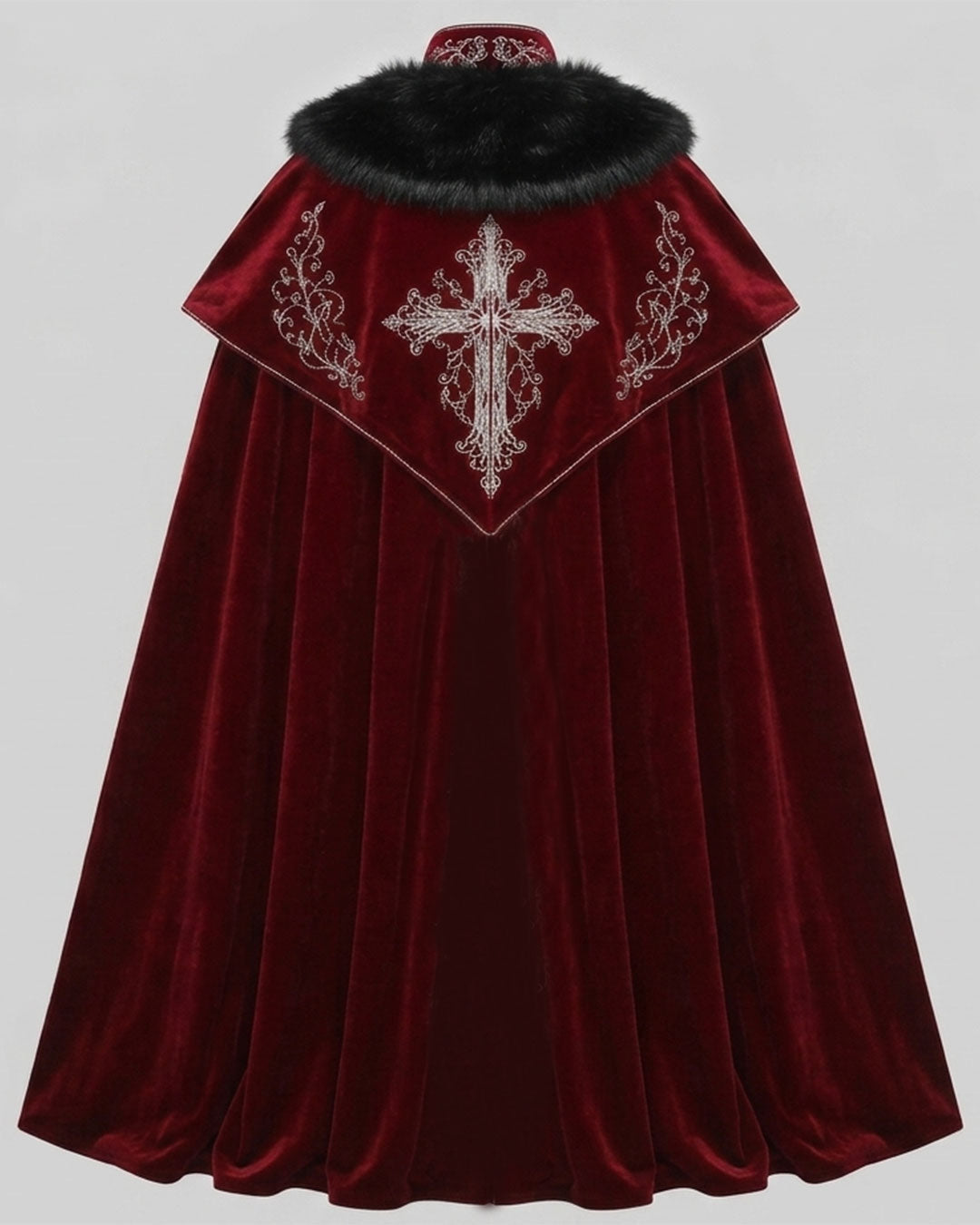 Back view of men’s red fur cloak with black shoulder collar, embroidered cross motif and flowing floor-length medieval silhouette.