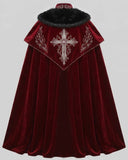 Back view of men’s red fur cloak with black shoulder collar, embroidered cross motif and flowing floor-length medieval silhouette.