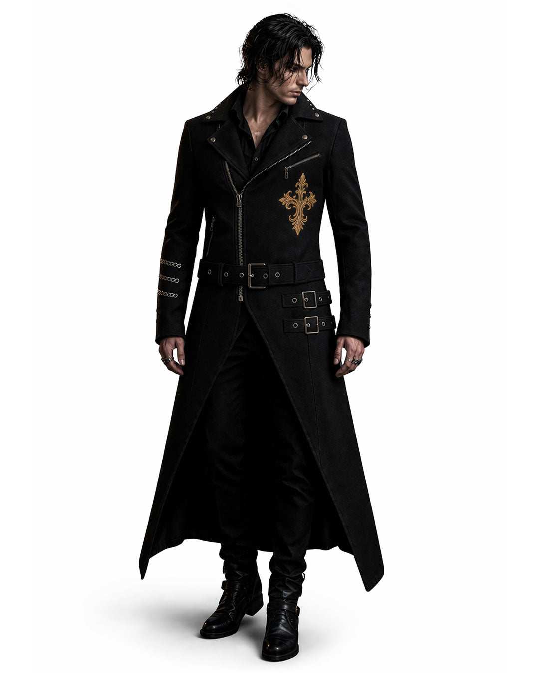 Men's obsidian crest gothic long coat with embroidery and structured fit for gothic fashion